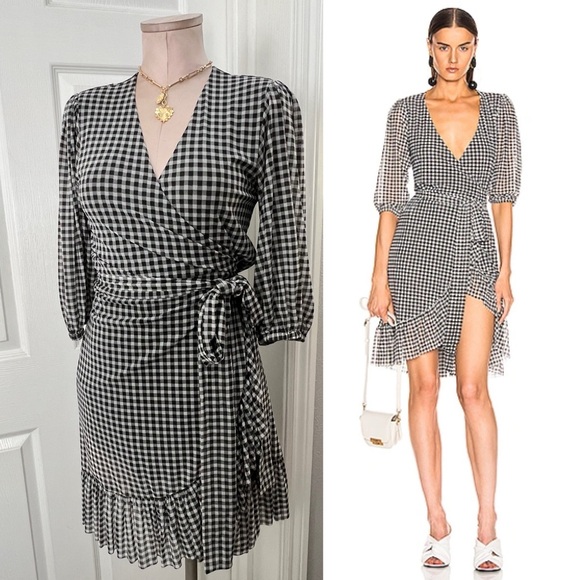 Ganni Checkered Mesh Stretch Wrap Mini Dress Sz 38